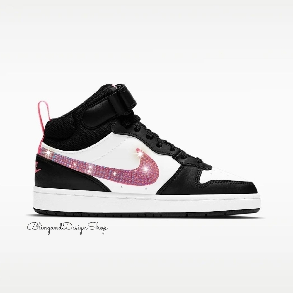 Bling Girls Nike Court Borough Mid 2 Customized Sneakers With Pink Crystals